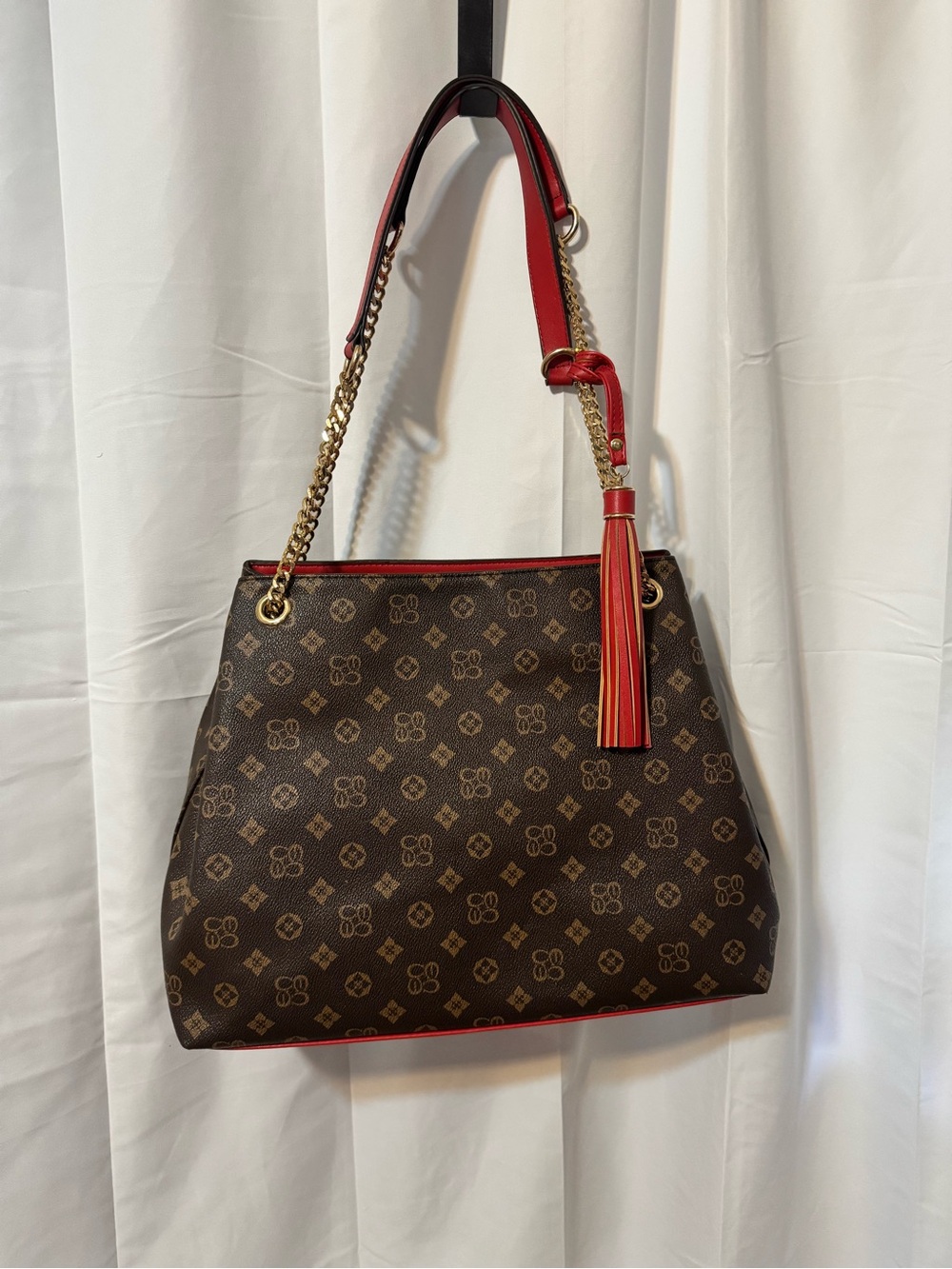 Monogram-Pattern Shoulder Bag with Red Trim and Tassel